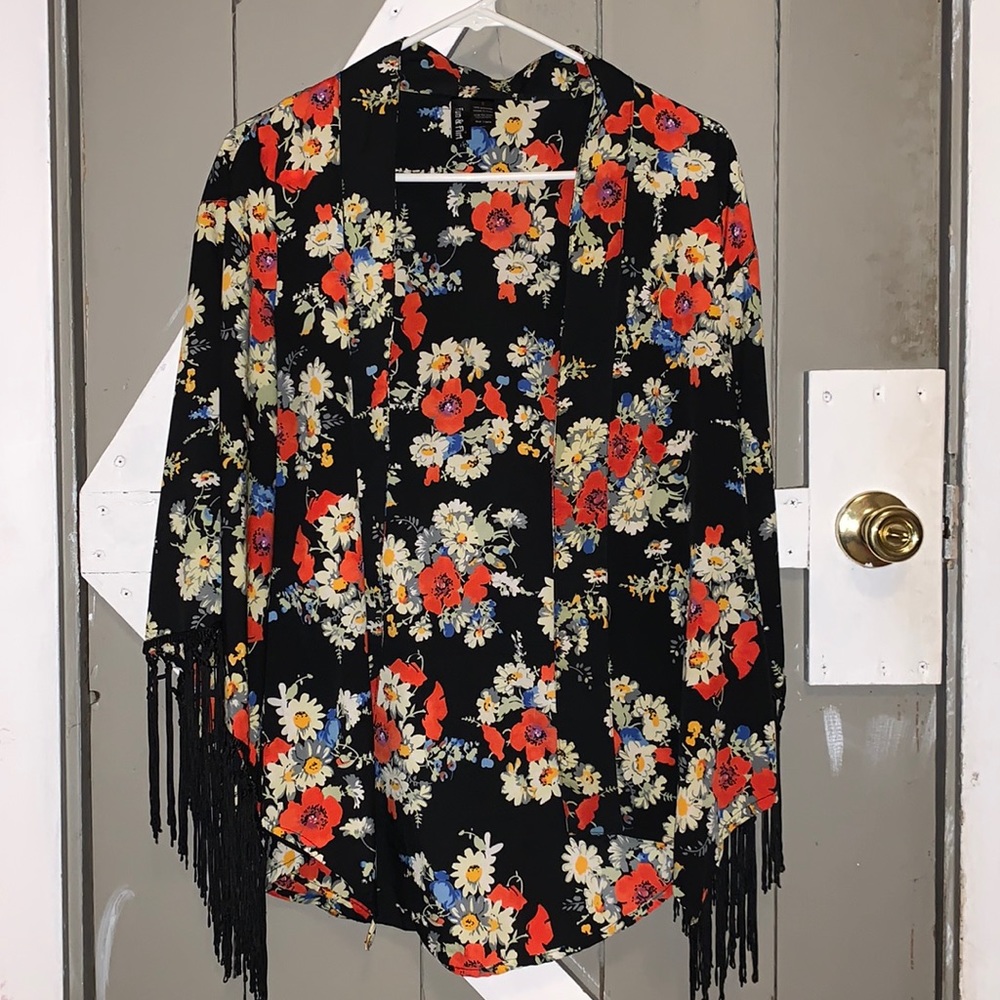 Tassel sleeved floral kimono style cardigan